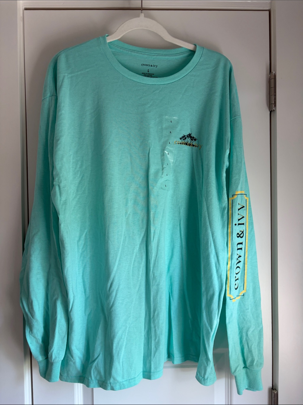 Crown & Ivy Men's Long-Sleeve Tee In Aqua Teal With Yellow Sleeve Logo